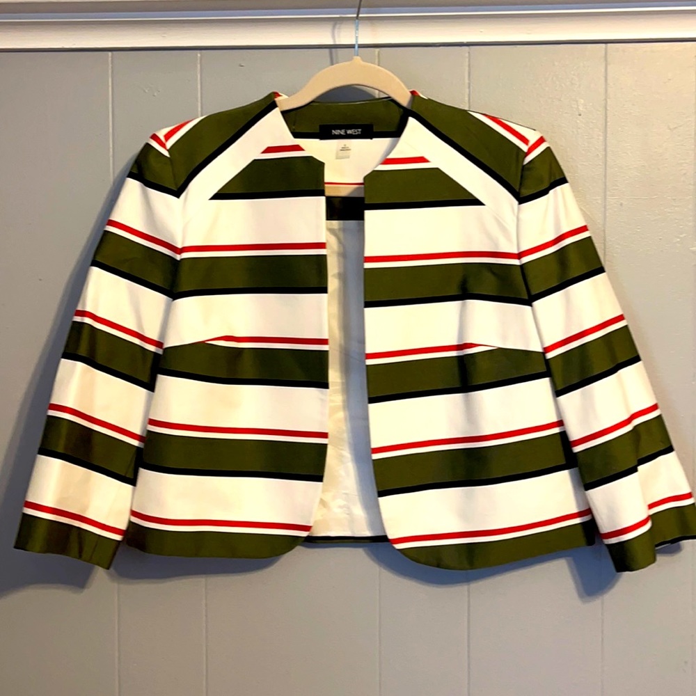 Jacket - Olive, black, white & red stripe.